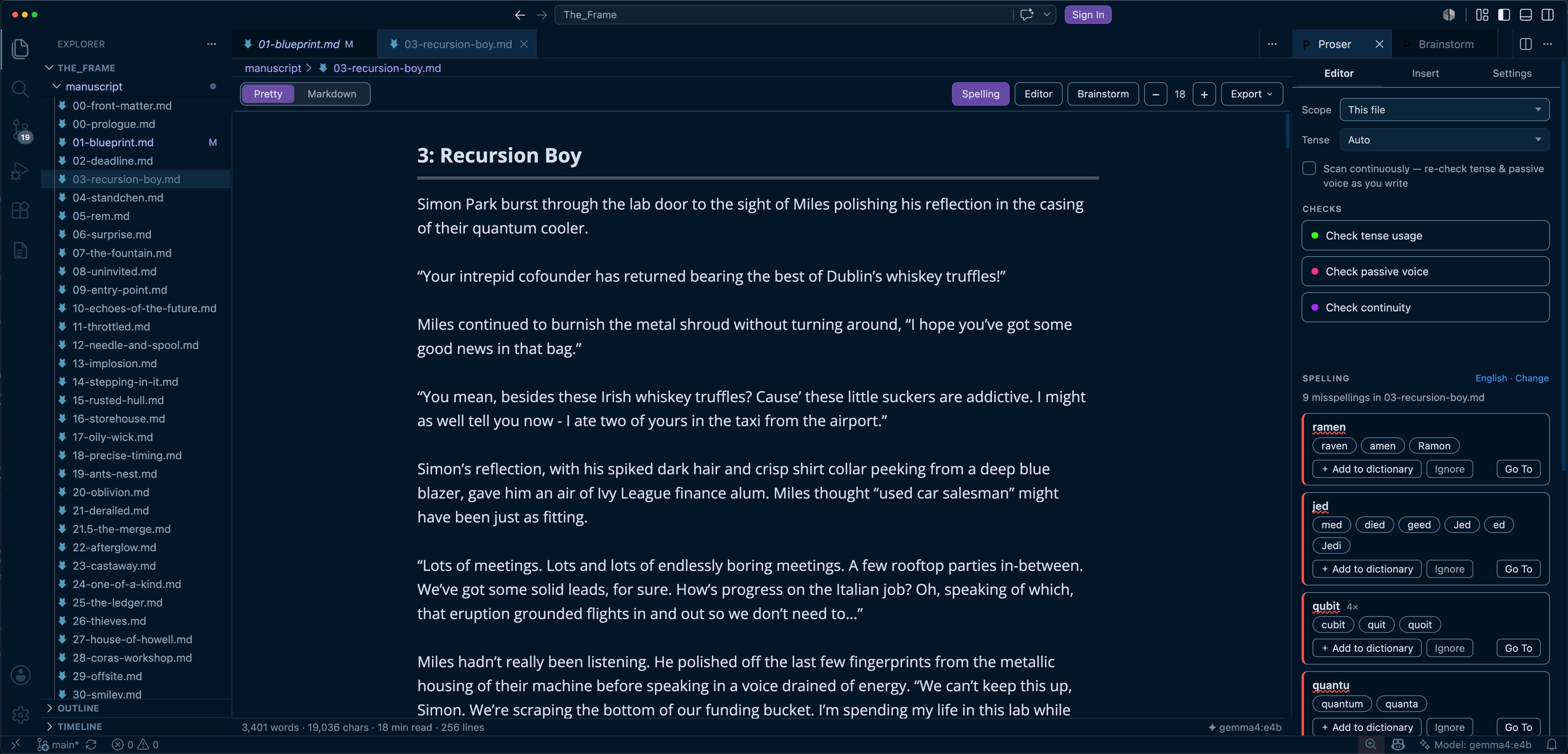 Write on a live, book-width page — the full Proser UI in VS Code